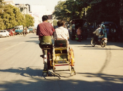 I snapped this shot while riding in a similar bicycle taxi.