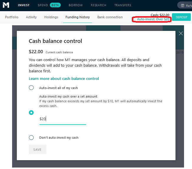 M1 Finance review desktop cash balance control screen capture