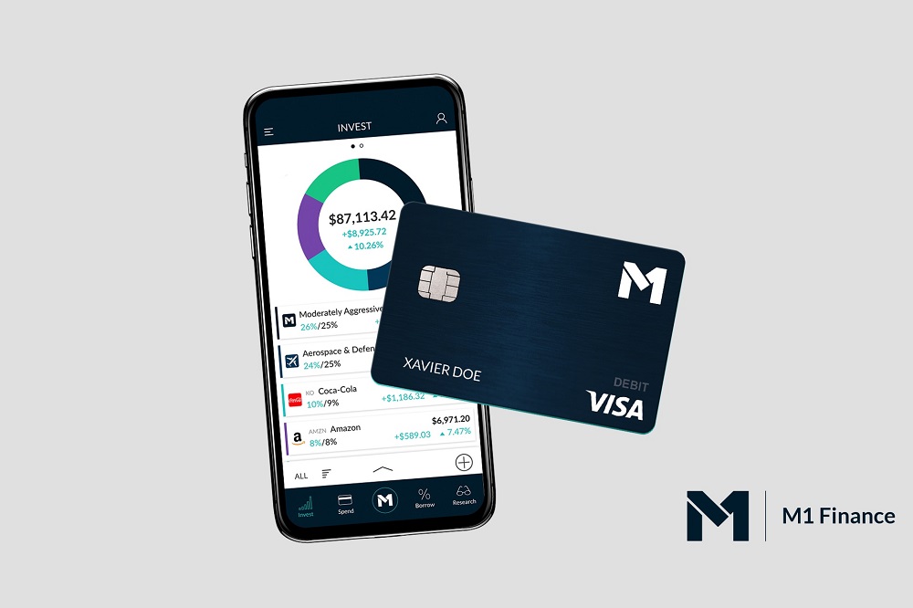 M1 Finance Review 2021 image of smartphone app and debit card and logo. 