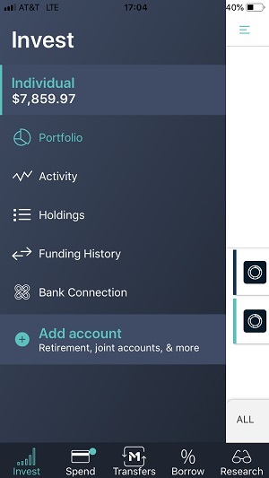 The mobile app Invest Menu screen capture.