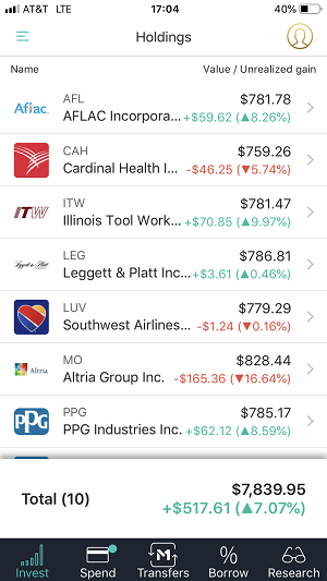 The mobile app holdings screen capture