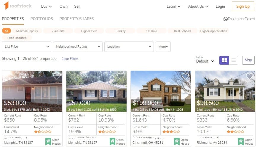Example of Roofstock Marketplace browsing screen.
