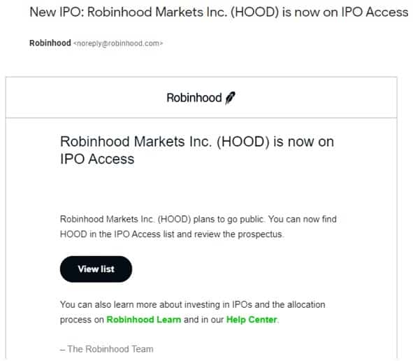 Screen capture of Robinhood IPO participation email to customers.