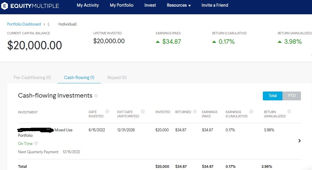 Screenshot of the author's personal EquityMultiple account to support the validity of this EquityMultiple review. 