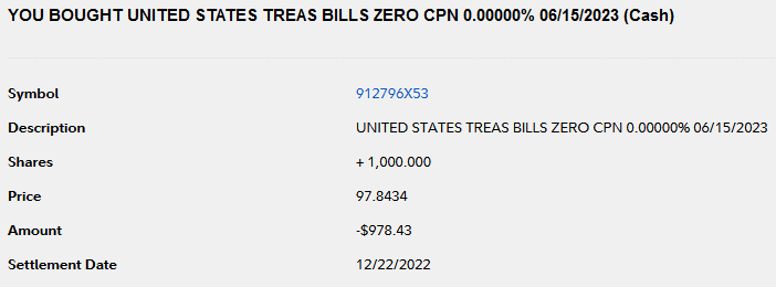 Screenshot of trade confirmation. Treasuries are a low-risk high-yield alternative to savings