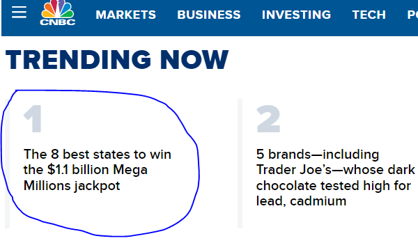 Screen capture of a CNBC headline highlight a trending story about winning a giant lottery. 