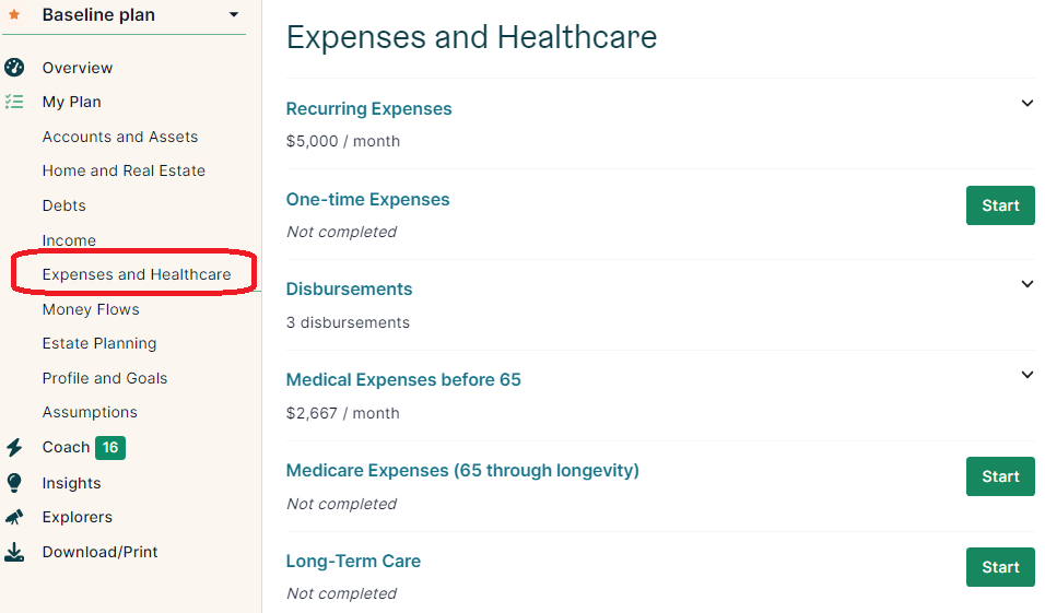 NewRetirement Expenses and Healthcare.