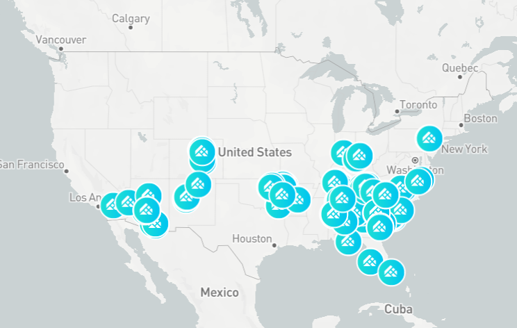 Arrived Homes review map of United States with property location icons.