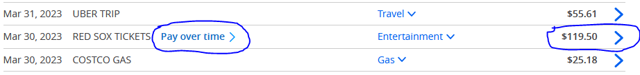 Chase Pay Over Time transactions: Red Sox Tickets cost $119.50. The Pay over time option is highlighted.