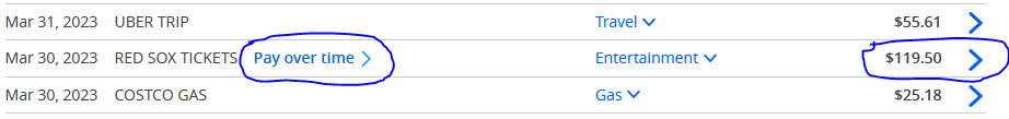 Chase Pay Over Time transactions: Red Sox Tickets cost $119.50. The Pay over time option is highlighted. 