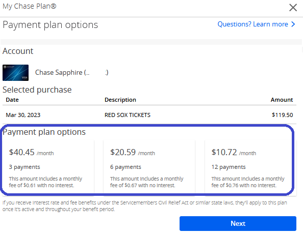 Screenshot of My Chase Plan payment plan options. 