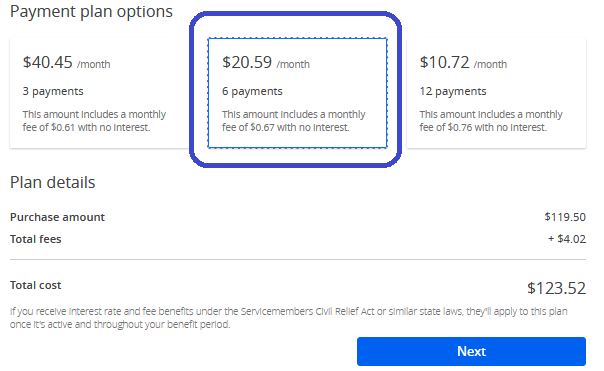 Screenshot of Payment plan options, 6 payments at 20.59 per month. 