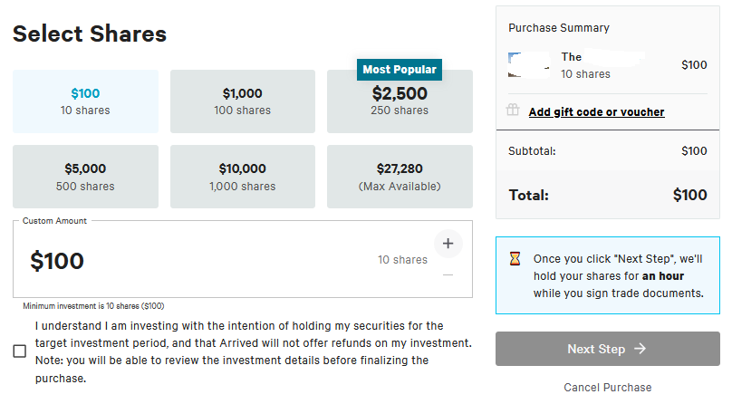 Select number of shares and dollar amount for purchase of the rental property. 