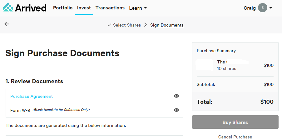 Sign purchase document screenshot.