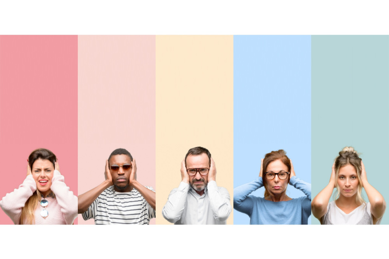 Image of five people with hands over their ears. Rainbow background. The noise we don't ignore. 