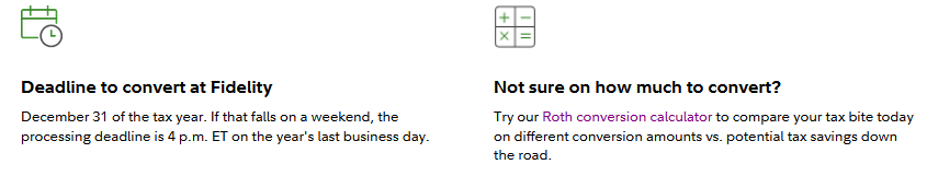 Image showing the Roth conversion deadline and a calculator for how much to convert.