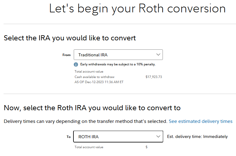 Fidelity Roth conversion image of selecting accounts. 