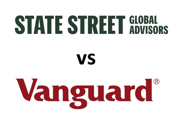 State Street Global Advisors logo vs Vanguard logo, representing an analysis of VTI vs SPY.