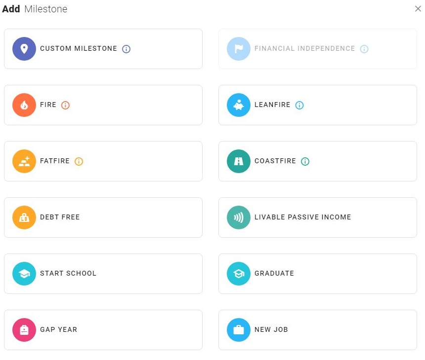 ProjectionLab add milestones image. Custom milestone, financial independence, FIRE, Lean FIRE, FAT FIRE, Coast FIRE, Debt Free, Livable Passive Income, start school, gap year, new job, graduate. 