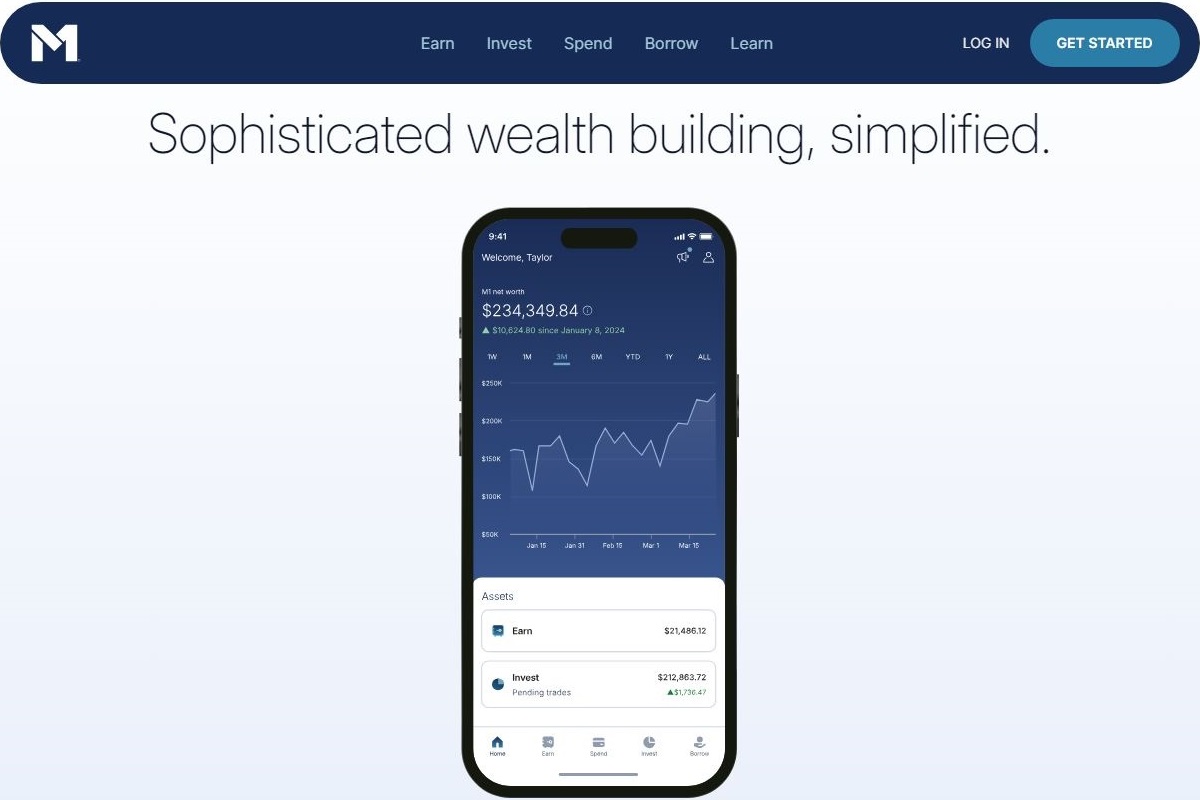 M1 finance review: homepage view showing a smartphone app and the phrase Sophisticated wealth building, simplified. 