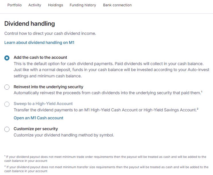 M1 Dividend handling options. 
