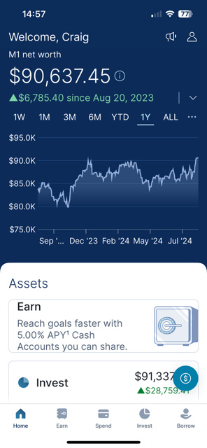 M1 Finance mobile app, welcome view shows chart of account value.