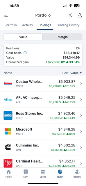 M1 Finance review: Invest tab showing portfolio holdings listed from most valuable. Costco, AFLAC, and Ross Stores are the top three holdings. 