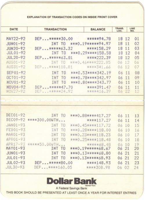 Transações de caderneta de poupança por volta de 1992-1993