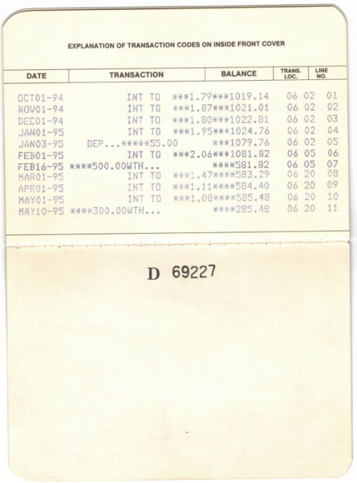 Última página da caderneta de poupança do Dollar Bank. 