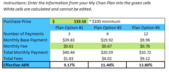 A screenshot of the Author's Chase Pay Over Time calculator to help calculate the Chase Pay Over Time fee. 