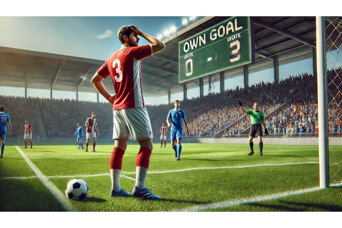 Soccer play scores "own goal" by shooting at the wrong goal. 