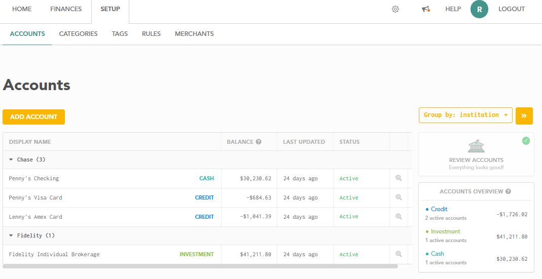 Connected bank and credit card accounts.