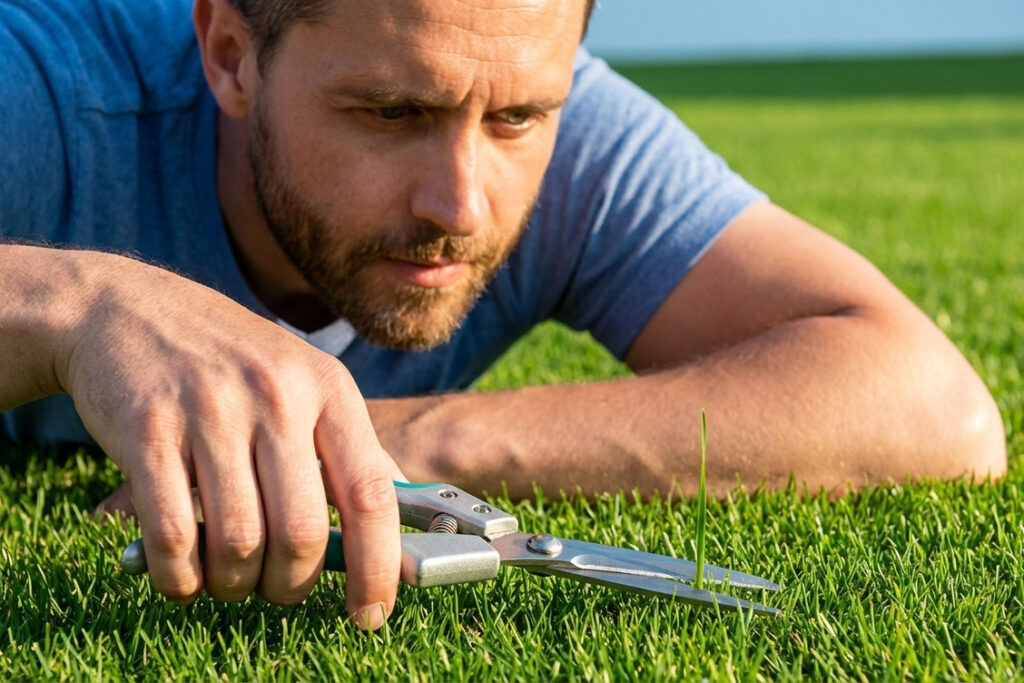 Man lying on perfect grass cutting a since blade with scissors. 